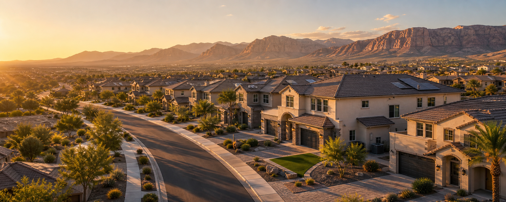 Las Vegas master-planned neighborhood with desert landscaping and mountains